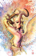 Artistic depiction of a winged creature with decorative elements and abstract patterns.