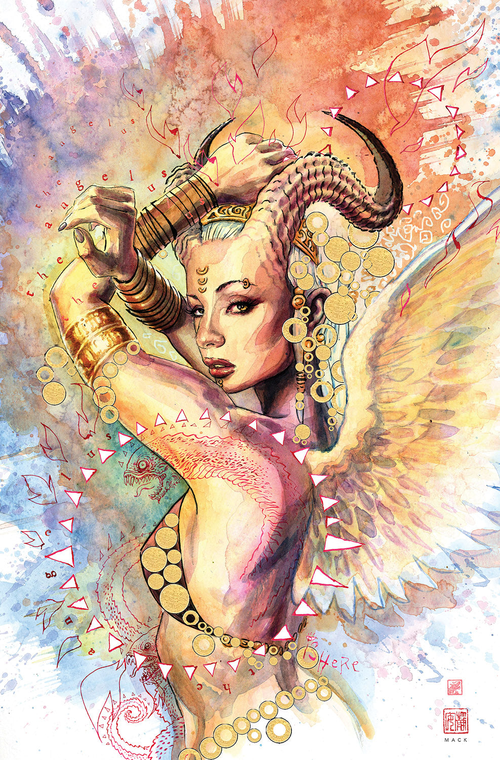 Artistic depiction of a winged creature with decorative elements and abstract patterns.