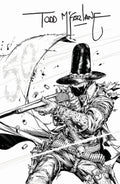 Black and white illustration of a masked figure with a rifle, signed by Todd McFarlane.
