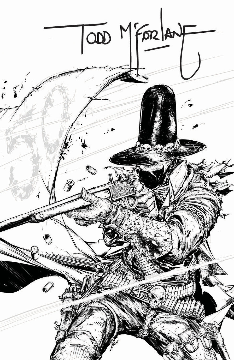 Black and white illustration of a masked figure with a rifle, signed by Todd McFarlane.