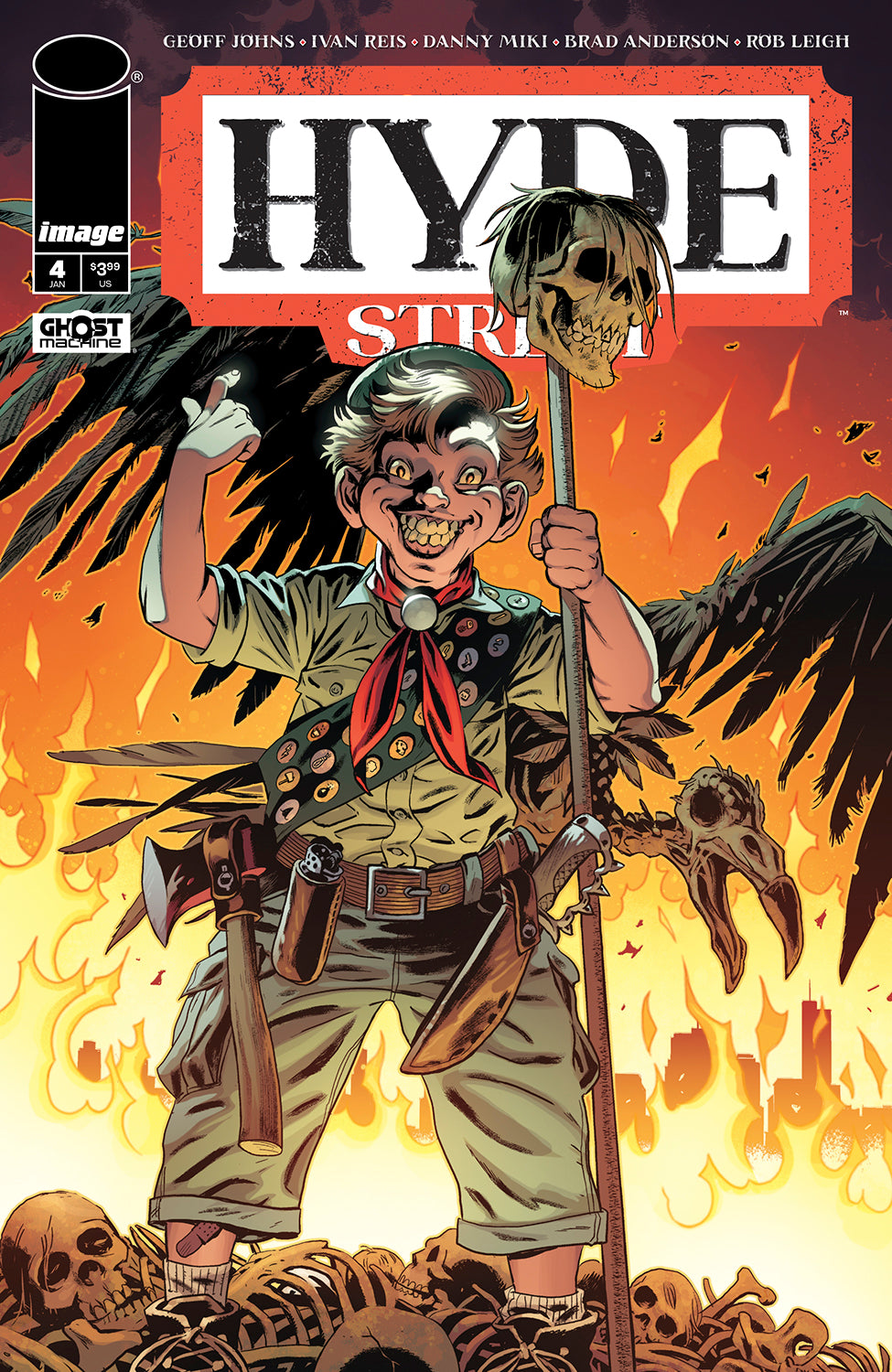 Comic book cover of 'Hyde Street' with a character holding a skull and eagle, set against a fiery background.