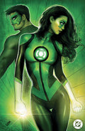 Two characters in green superhero costumes with a glowing emblem, standing side by side against a green background.