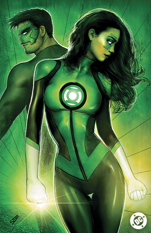 Two characters in green superhero costumes with a glowing emblem, standing side by side against a green background.