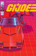 Comic book cover featuring a red vehicle and character on a pink grid background with 'GI Joe' branding.