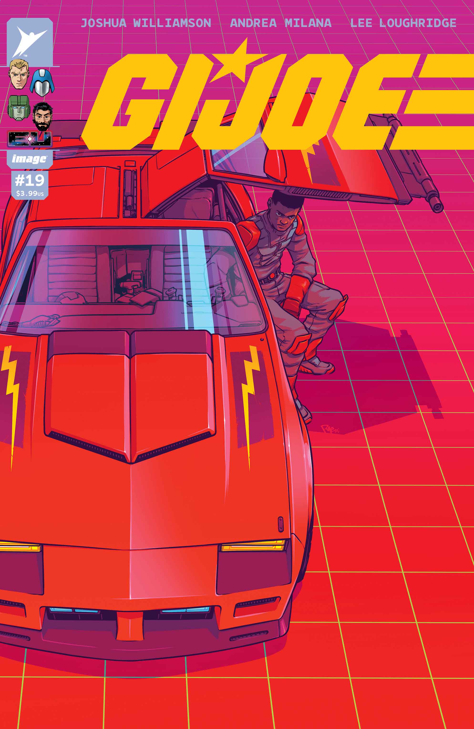 Comic book cover featuring a red vehicle and character on a pink grid background with 'GI Joe' branding.