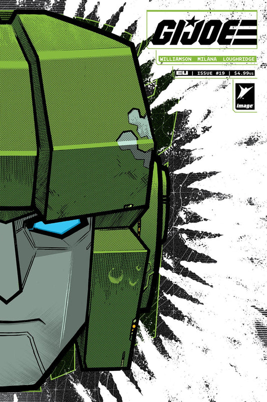 Cartoonish green and gray robot head with 'G.I. Joe' branding on a white background