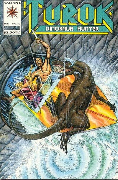 Comic book cover featuring Turok, Dinosaur Hunter with a dinosaur and character in a dynamic pose.