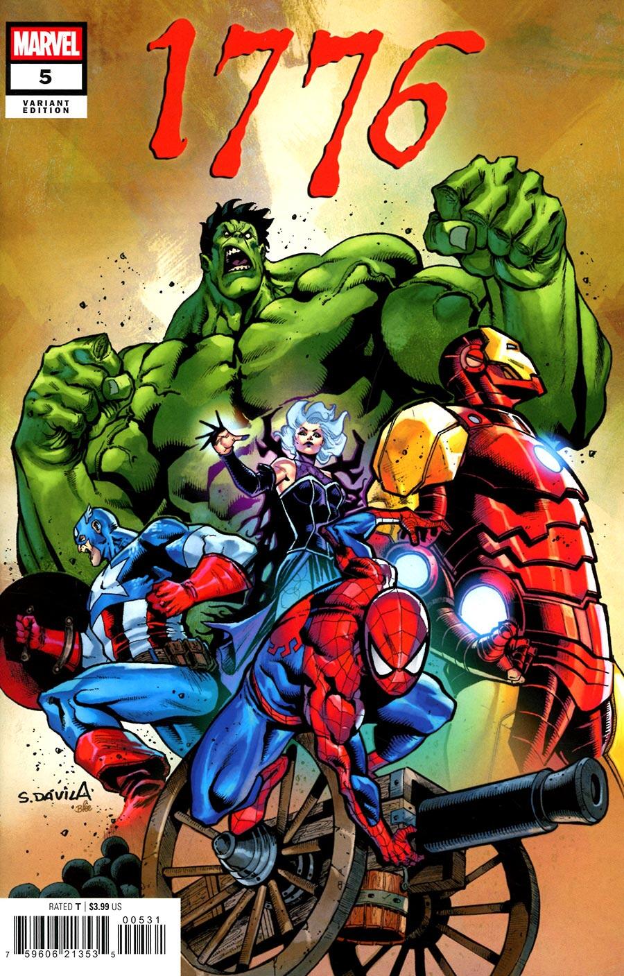 Comic book cover featuring superhero characters with '1776' and Marvel logo.
