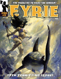 Cover of 'EYRIE' magazine featuring a woman with a spear and a creature, with text about the magazine's terrifying content.