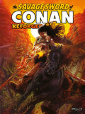 Cover of 'The Savage Sword of Conan Reforge' with a warrior on horseback and fiery background.
