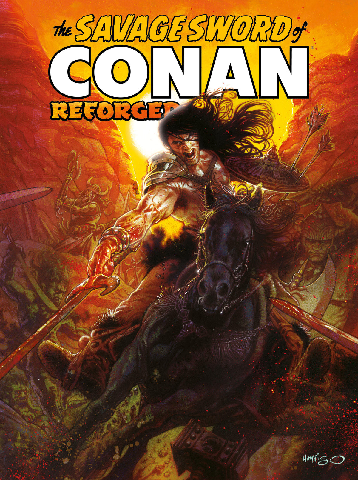 Cover of 'The Savage Sword of Conan Reforge' with a warrior on horseback and fiery background.