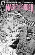 Cover of 'The Magic Order V #2' featuring black and white artwork with a character named Cordelia Moonstone in an action pose with a gun, set against a backdrop with text and a patterned design.
