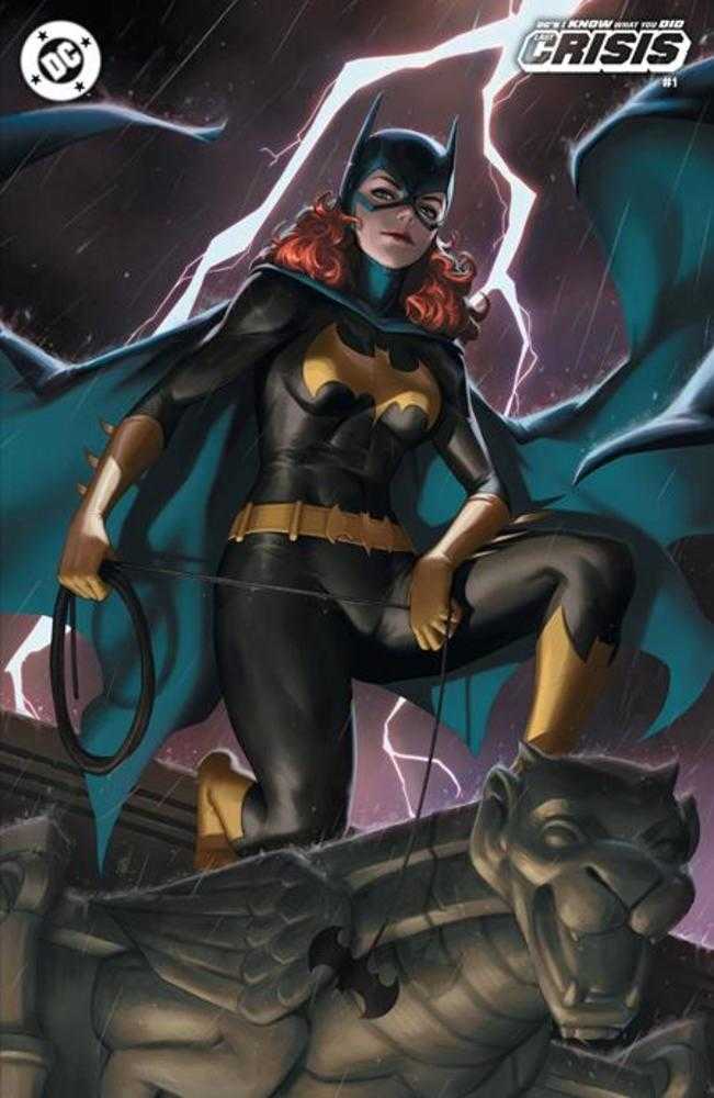 Comic book cover featuring Batgirl on a stone lion with lightning background