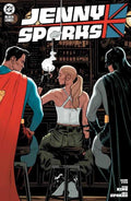 Cover of 'Jenny Sparks (2024) #5' featuring illustrations of characters from the comic book with a central female character seated and two male characters in a tense situation.