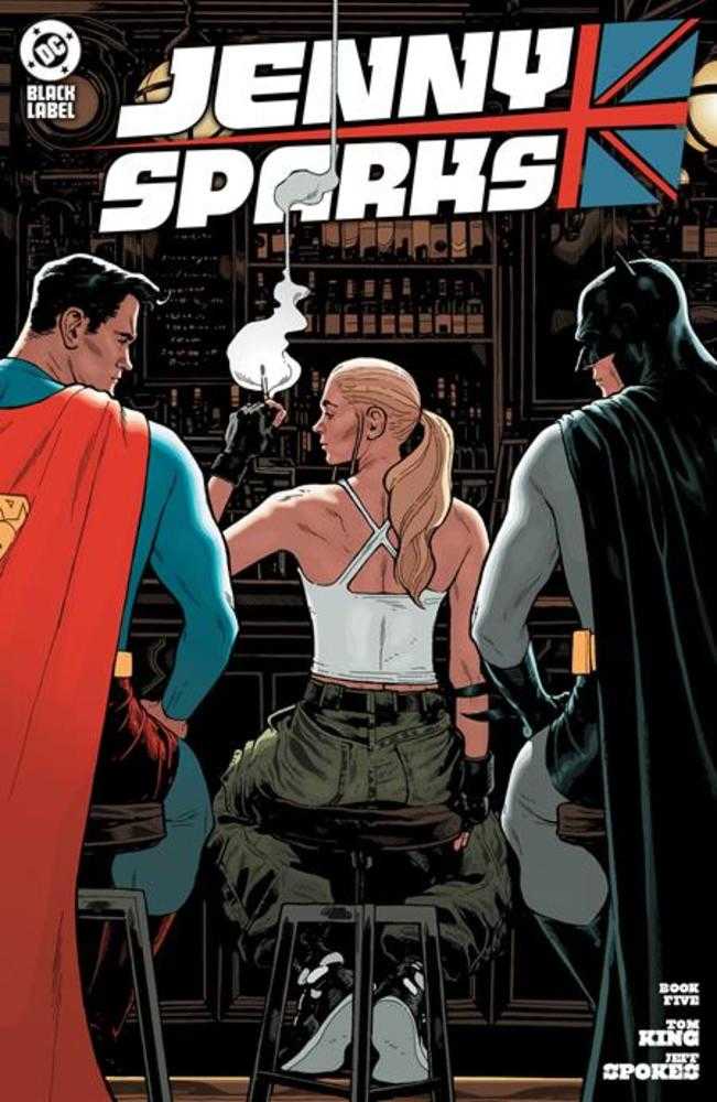 Cover of 'Jenny Sparks (2024) #5' featuring illustrations of characters from the comic book with a central female character seated and two male characters in a tense situation.