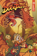 Cover of DuckTales featuring illustrated characters Scrooge McDuck and Huey, Dewey, Louie with a dragon and the cityscape in the background.