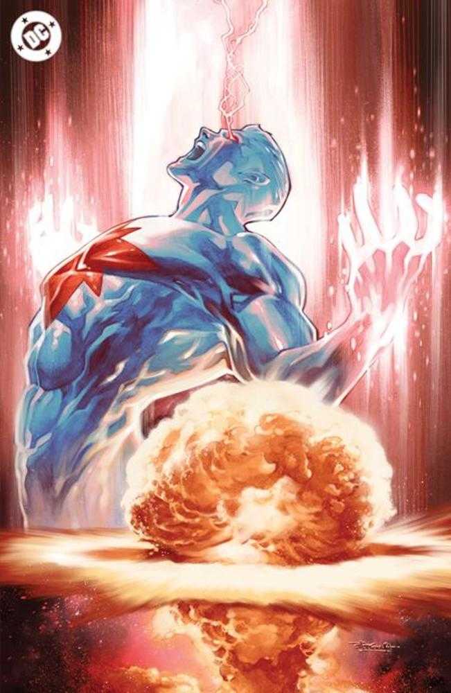 Superhero character with a red and blue suit surrounded by fiery effects