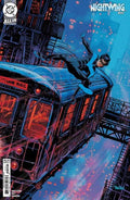 Comic book cover featuring a character leaping from a train with a cityscape background