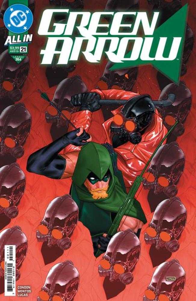 Cover of Green Arrow #21 featuring the character Green Arrow in a fighting stance with a red and black background, surrounded by skull motifs.