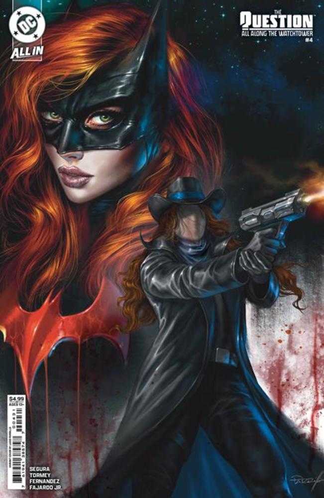 Comic book cover featuring a superheroine with red hair and a gun, with 'DC' logo and text in the corners.
