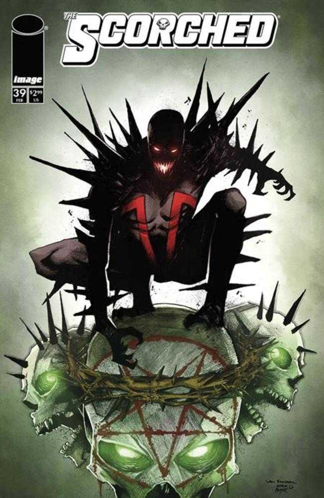Comic book cover titled 'The Scorched' with a dark figure and green skull design.