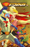 Comic book cover featuring a superhero in a dynamic pose with a colorful background