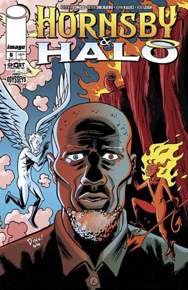 Comic book cover featuring a man with angel and devil imagery