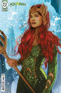 Comic book cover featuring a character in green and red costume with a helmet, holding a trident, against a blue background.