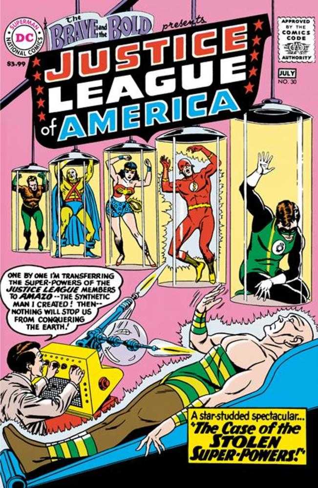 Comic book cover featuring Justice League of America with superhero characters and text.