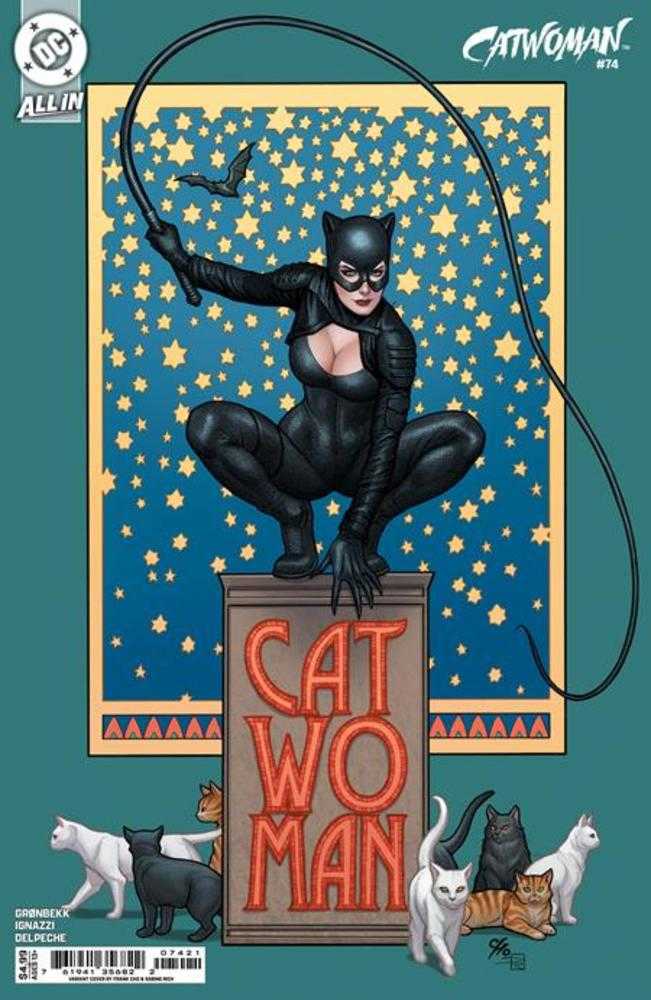 Comic book cover featuring Catwoman in a dynamic pose with stars and cats around.