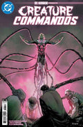Comic book cover of 'Creature Commandos' featuring a creature and people with a pinkish-purple background.