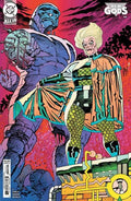 Comic book cover featuring two characters in colorful costumes with a vibrant background.