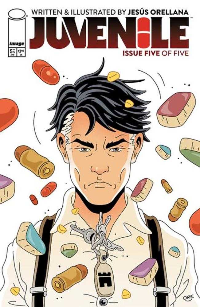 Comic book cover of 'Juvenile' with a character and various items on a white background