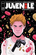 Comic book cover of 'Juvenile' Issue Five with a character holding a gun on a black background.