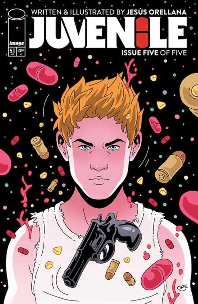 Comic book cover of 'Juvenile' Issue Five with a character holding a gun on a black background.
