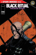 Comic book cover of 'Black Ritual: The Book of Nyx' with a character holding a weapon on an orange background.