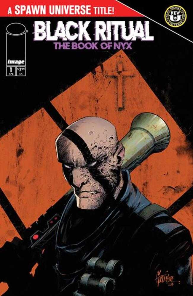 Comic book cover of 'Black Ritual: The Book of Nyx' with a character holding a weapon on an orange background.