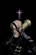 Character with a helmet and weapon on a black background with a cross symbol
