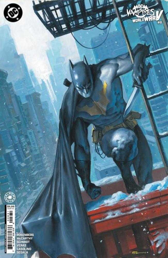 Comic book cover featuring Batman in a snowy cityscape with a DC Comics logo.