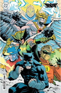 Comic book cover featuring superhero characters with dynamic poses and vibrant colors.