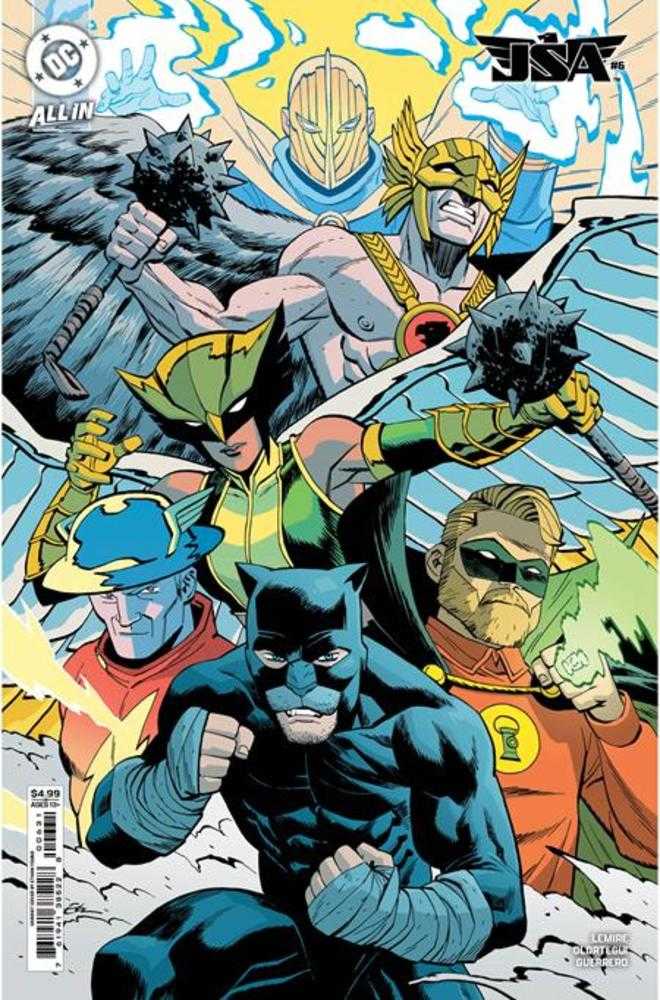Comic book cover featuring superhero characters with dynamic poses and vibrant colors.