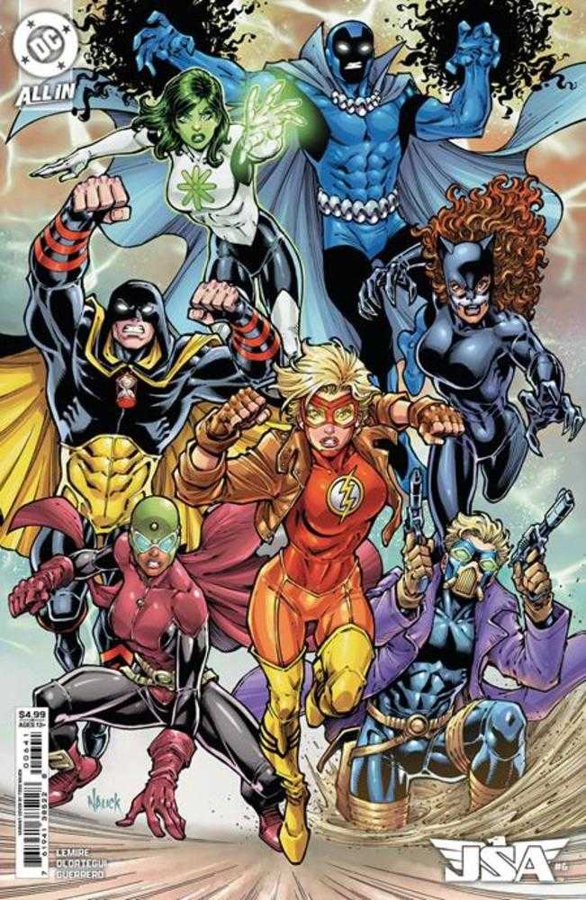 Comic book cover featuring a group of superhero characters in colorful costumes.
