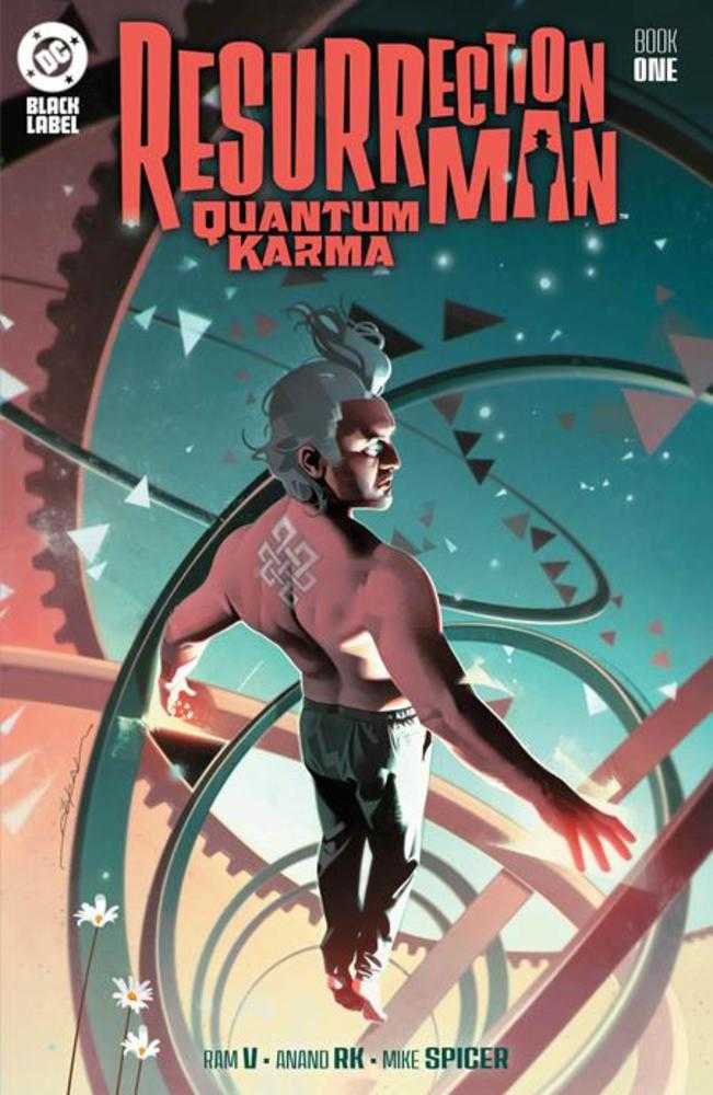 Comic book cover of 'Resurrection Man: Quantum Karma' with a character running and abstract design elements.