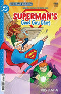 Comic book cover featuring Superman and a good guy gang with colorful design