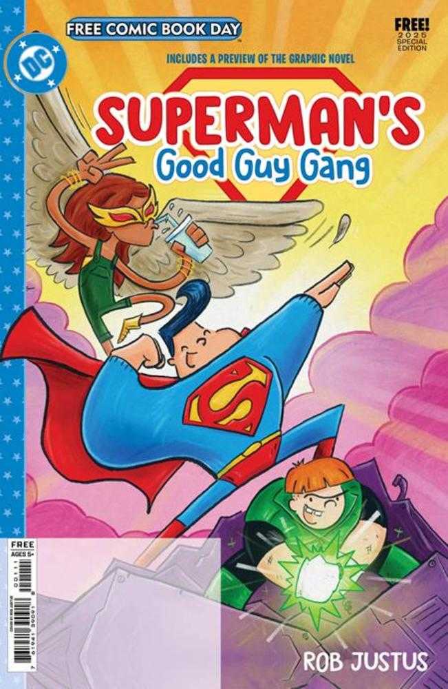 Comic book cover featuring Superman and a good guy gang with colorful design