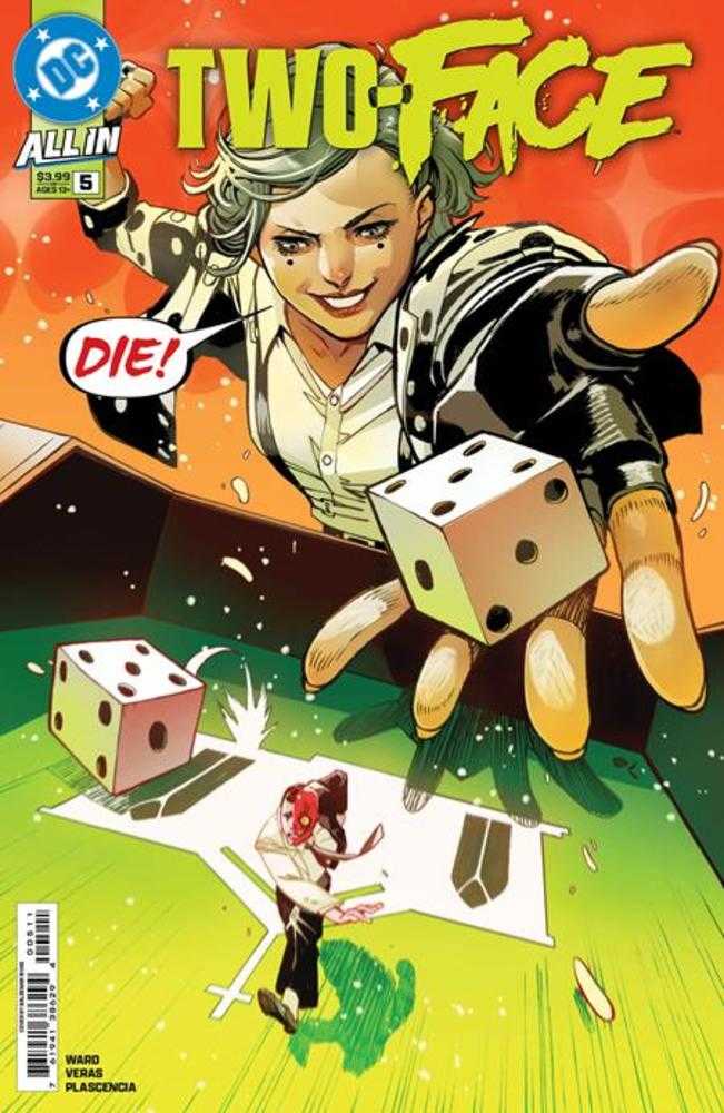 Comic book cover featuring a character with a dice and another figure on a green surface.