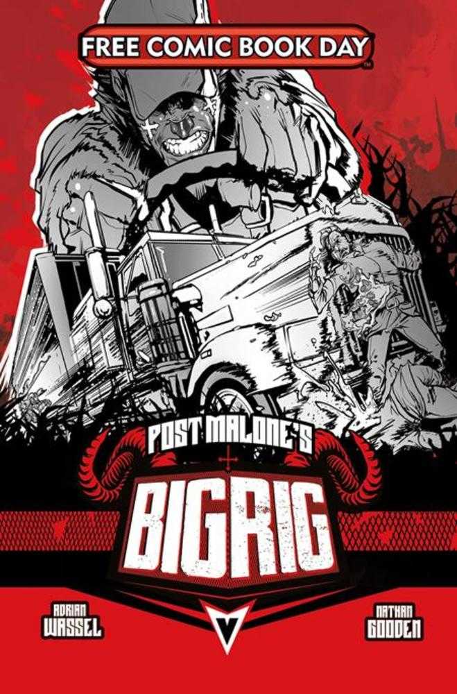 Comic book cover for 'Post Malone's Big Rig' featuring a truck and characters on a red background.