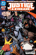 Comic book cover featuring characters from Justice League Unlimited with a dynamic layout and action poses.