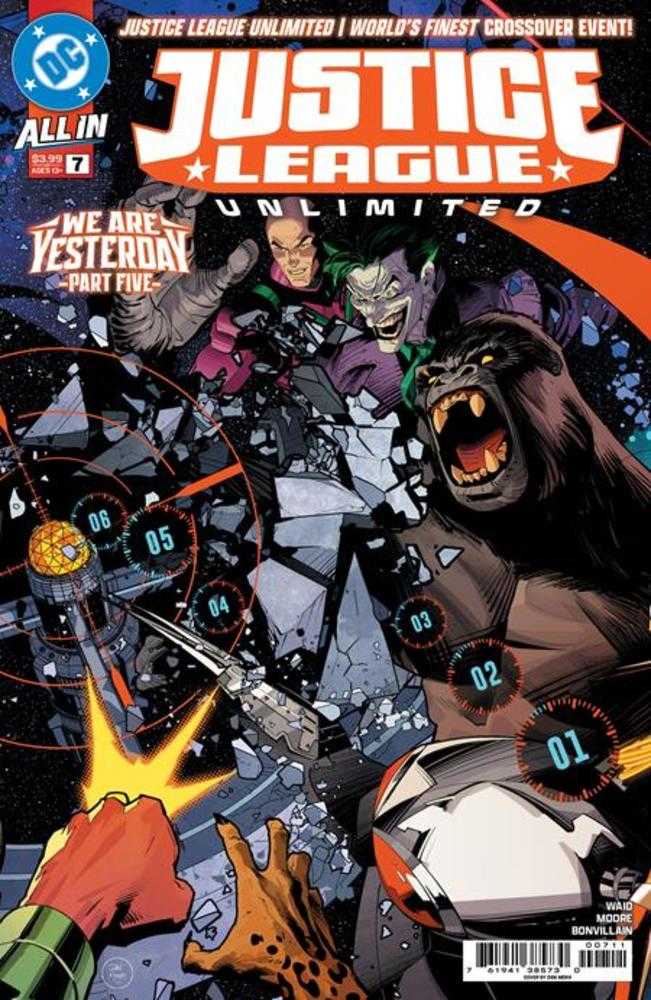 Comic book cover featuring characters from Justice League Unlimited with a dynamic layout and action poses.