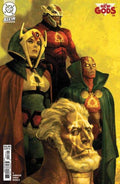 Cover of New Gods #6 featuring illustrated characters from the comic book, predominantly in superhero costumes against a yellow background.